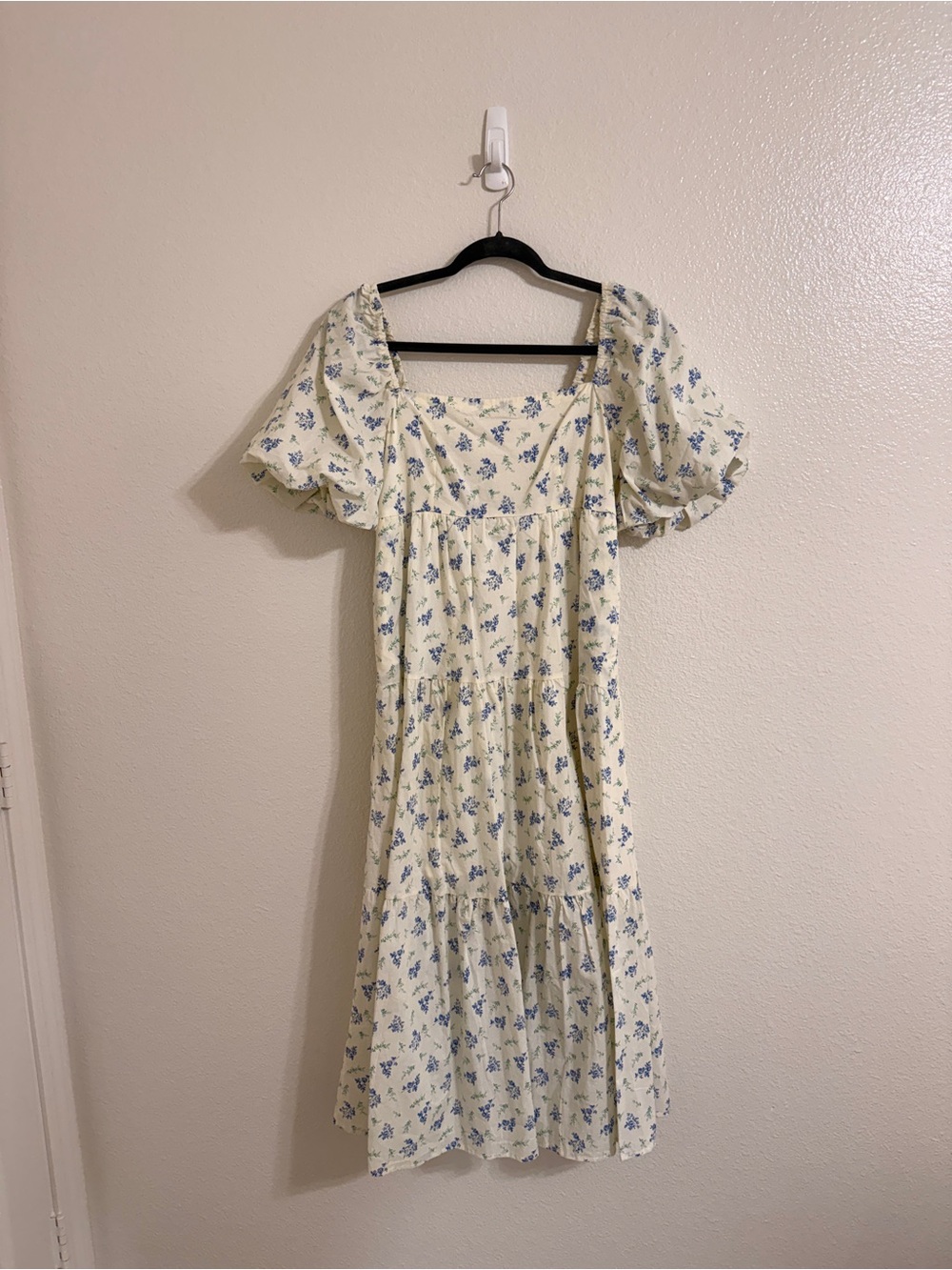 MABLE Cream Midi Dress with Blue Floral Print